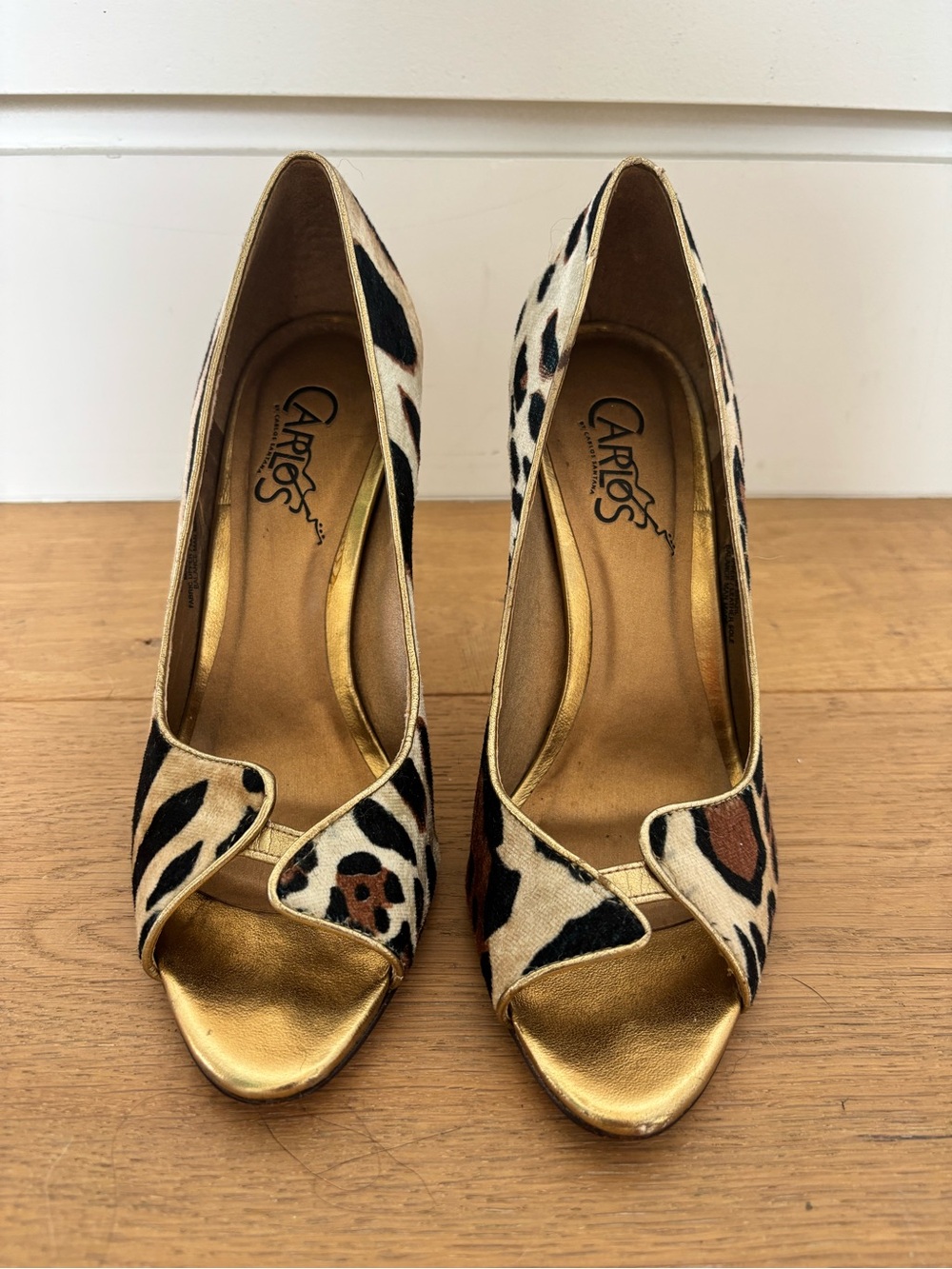 Carlos by Carlos Santana Leopard Print Peep-Toe Pumps with Gold Accents